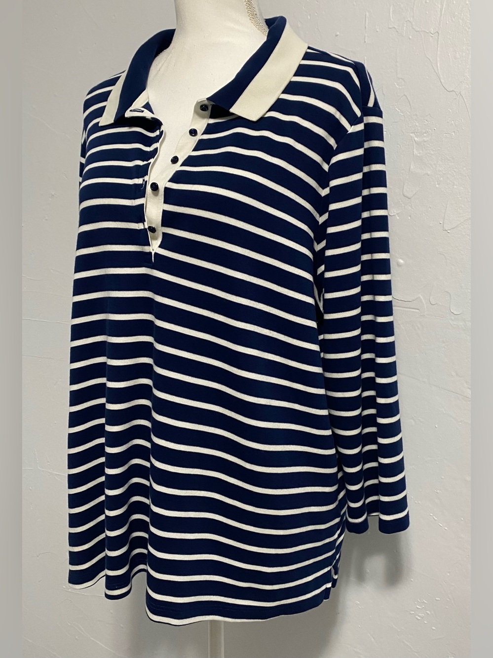 Lands' End Navy and White Striped Long-Sleeve Polo